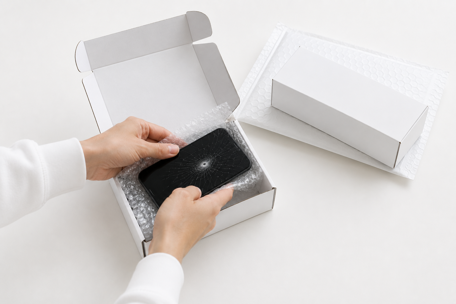 Defektes iPhone sicher verpackt im Versandkarton