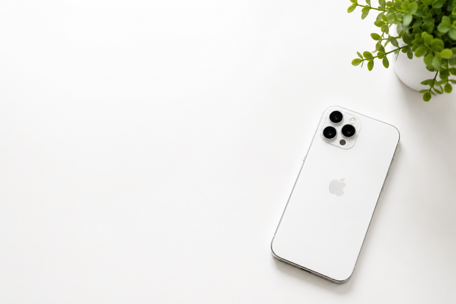 iPhone auf weißem Schreibtisch mit Pflanze